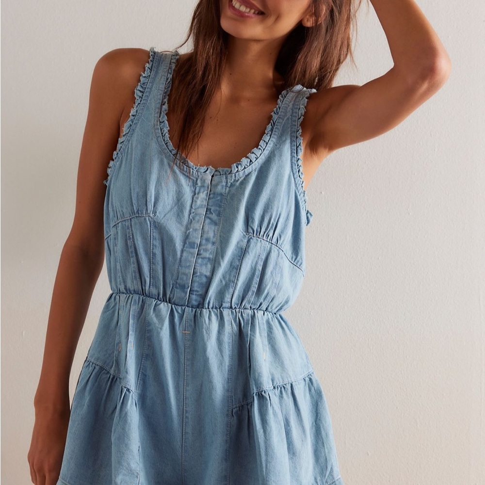 We The Free Light Blue Denim Sleeveless Tiered Romper